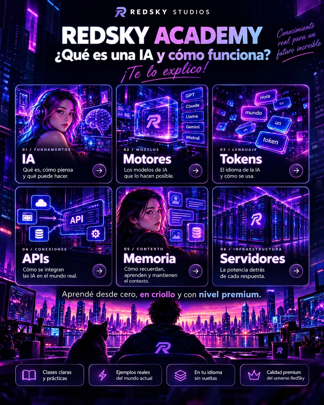 Presentación cinematográfica de RedSky Academy con seis temas de aprendizaje sobre inteligencia artificial