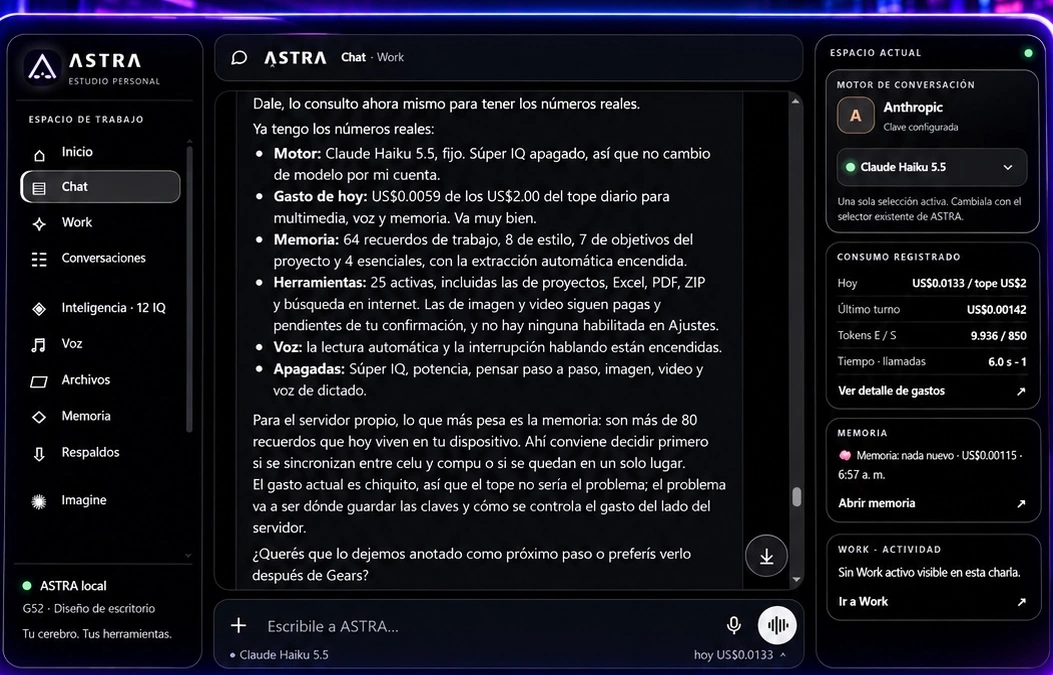Captura real de ASTRA: chat de trabajo explicando estado del motor, memoria, herramientas, consumo y funciones