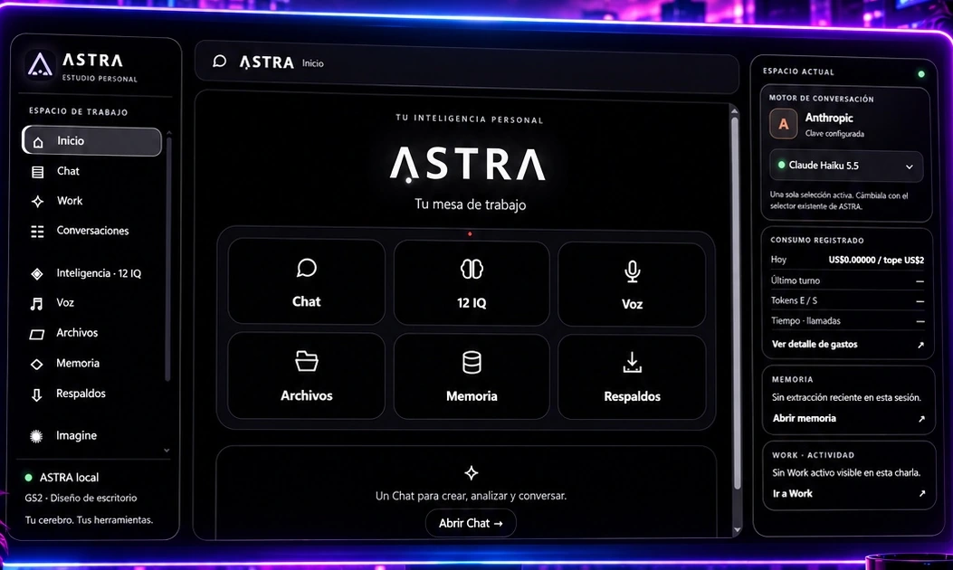 Captura real de ASTRA: pantalla de Inicio, opciones Chat, 12 IQ, Voz, Archivos, Memoria, Respaldos y panel de estado