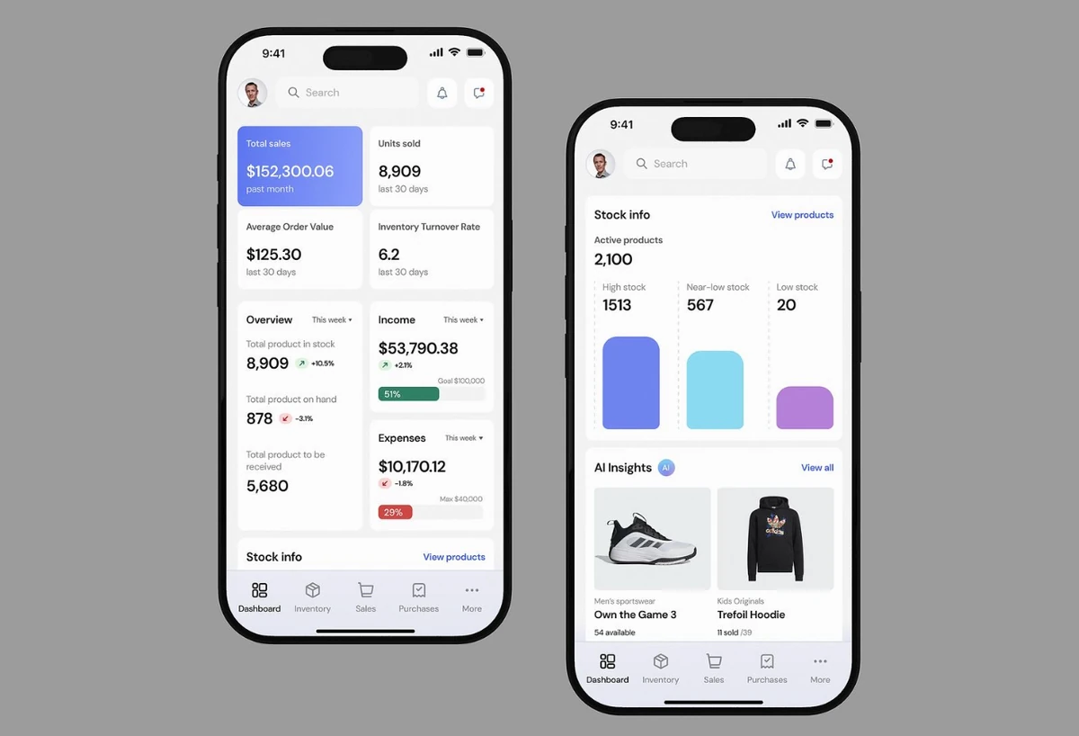 Mockup conceptual de ventas, inventario y analíticas