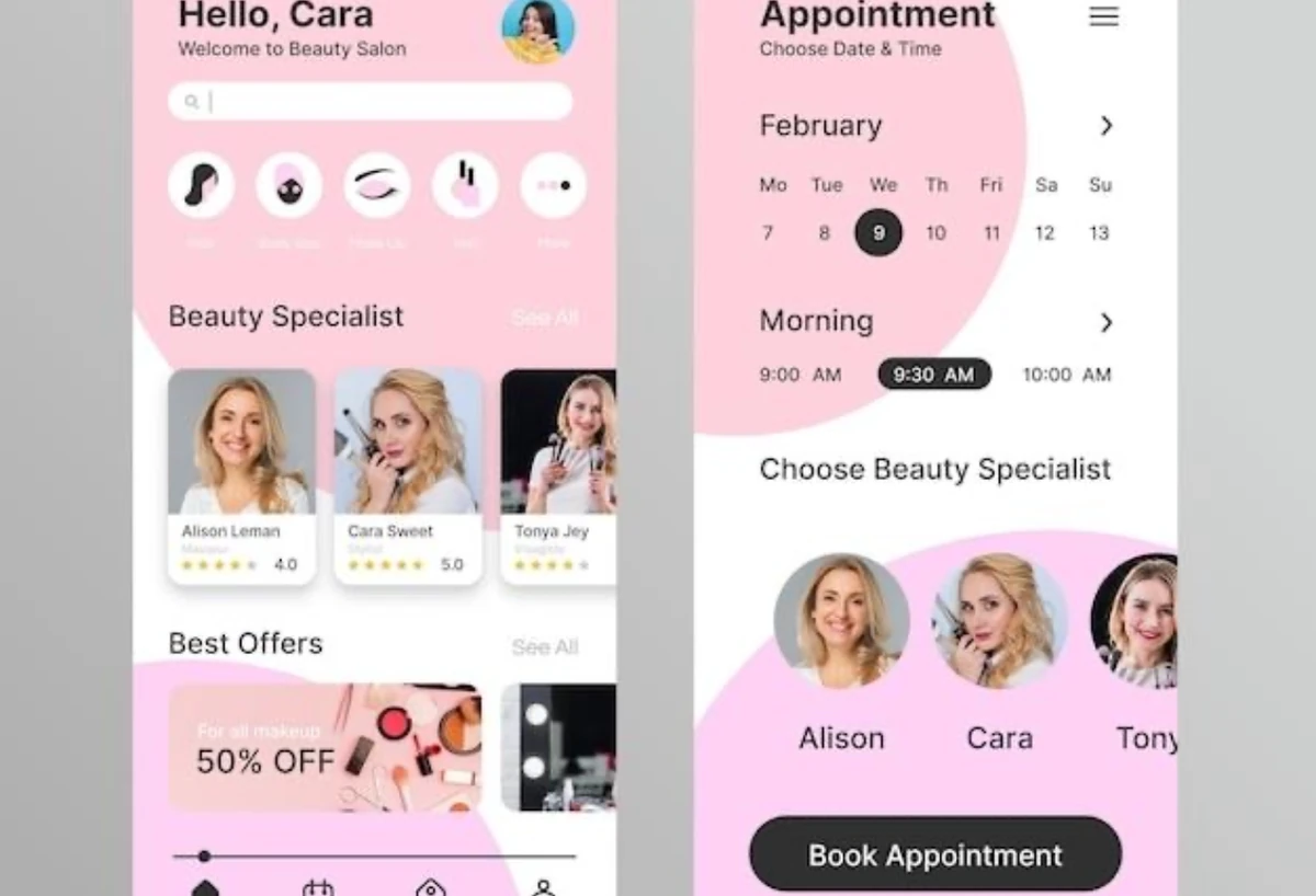 Mockup conceptual de turnos de salón de belleza en dos teléfonos